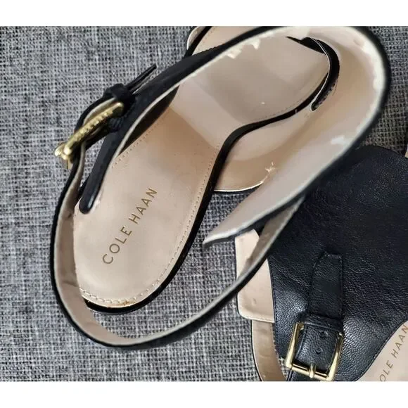 $228 Women's Cole‎ Haan Black Leather Open Toe Ankle Strap Heels US Size 10 B